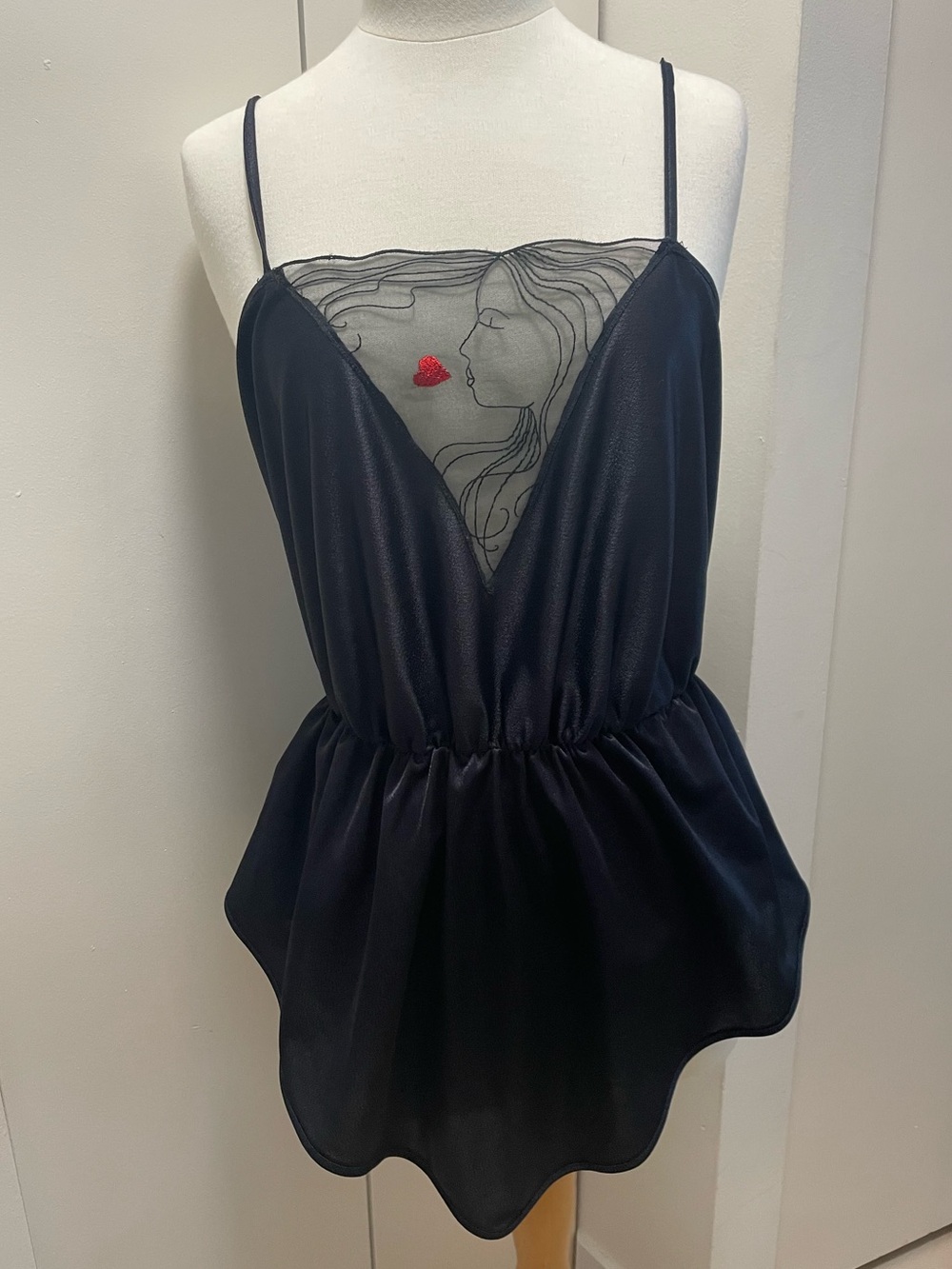Vintage Black Satin Chemise with Sheer Embroidered Panel and Red Heart